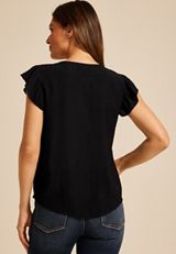 Embroidered Short Flutter Sleeve Tie Front Blouse, BLACK, small
