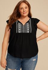 Plus Size Embroidered Short Flutter Sleeve Tie Front Blouse, C106, small