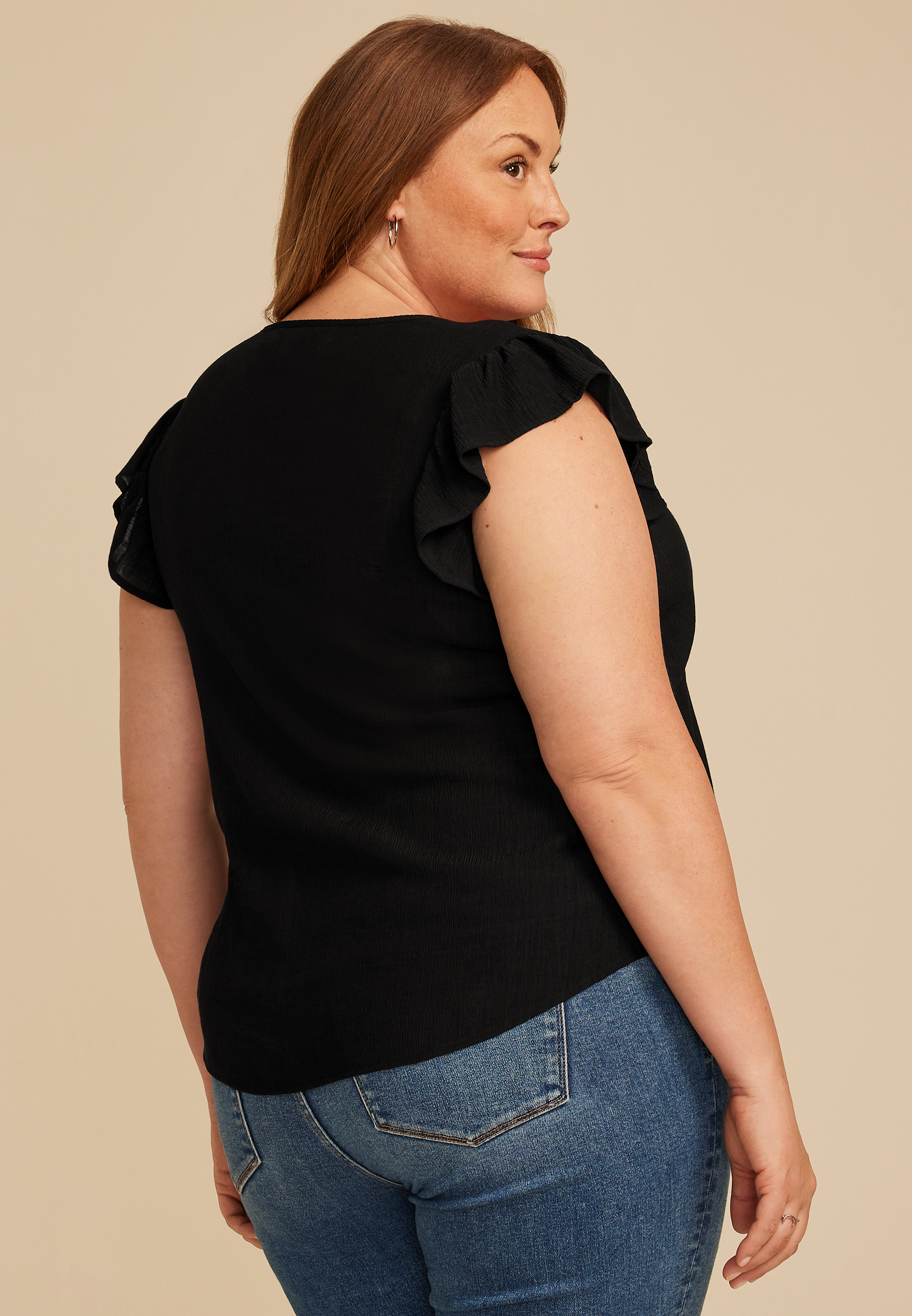 Plus Size Embroidered Short Flutter Sleeve Tie Front Blouse, C106, large