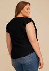 Plus Size Embroidered Short Flutter Sleeve Tie Front Blouse, C106, small