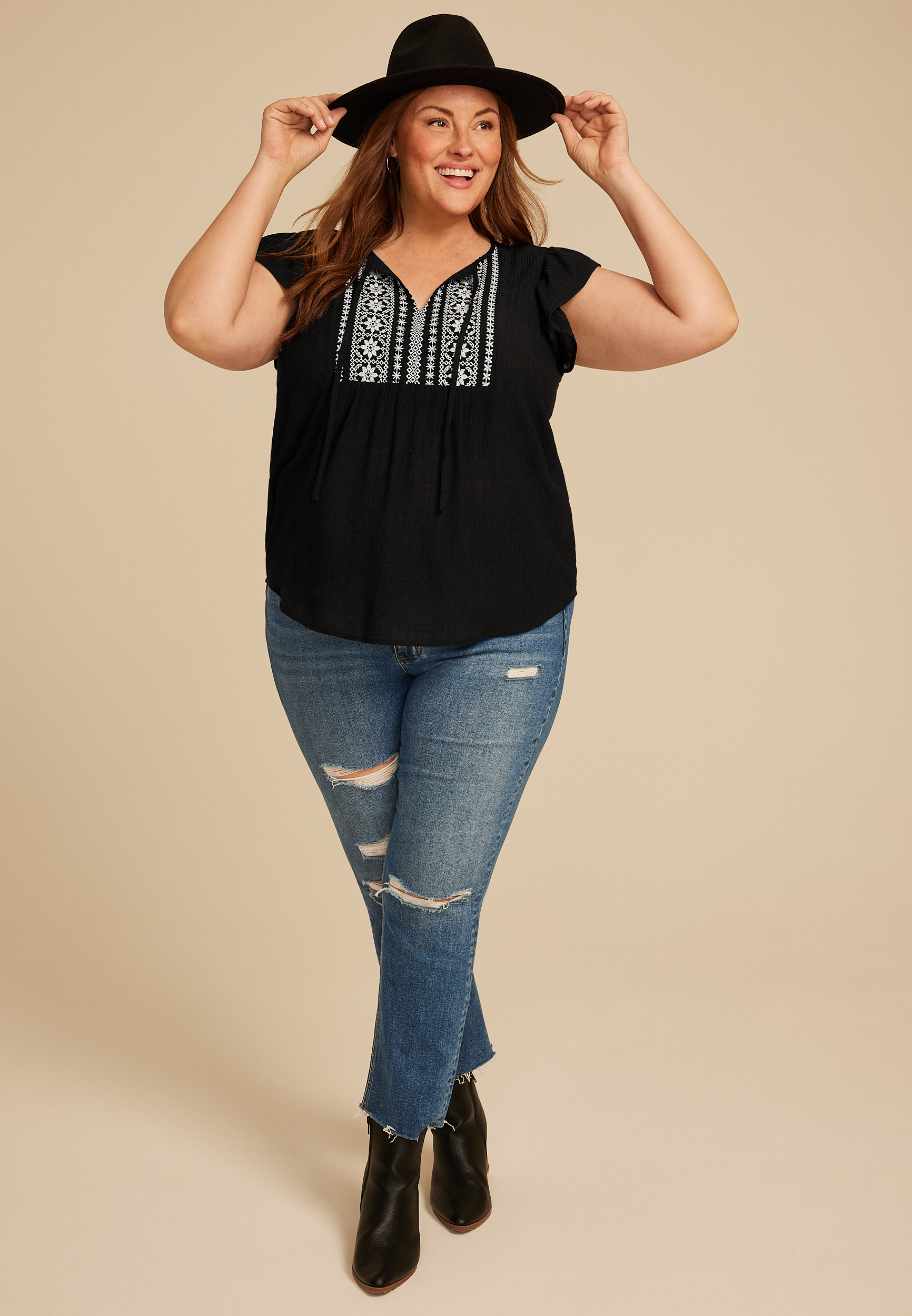 Plus Size Embroidered Short Flutter Sleeve Tie Front Blouse, C106, large