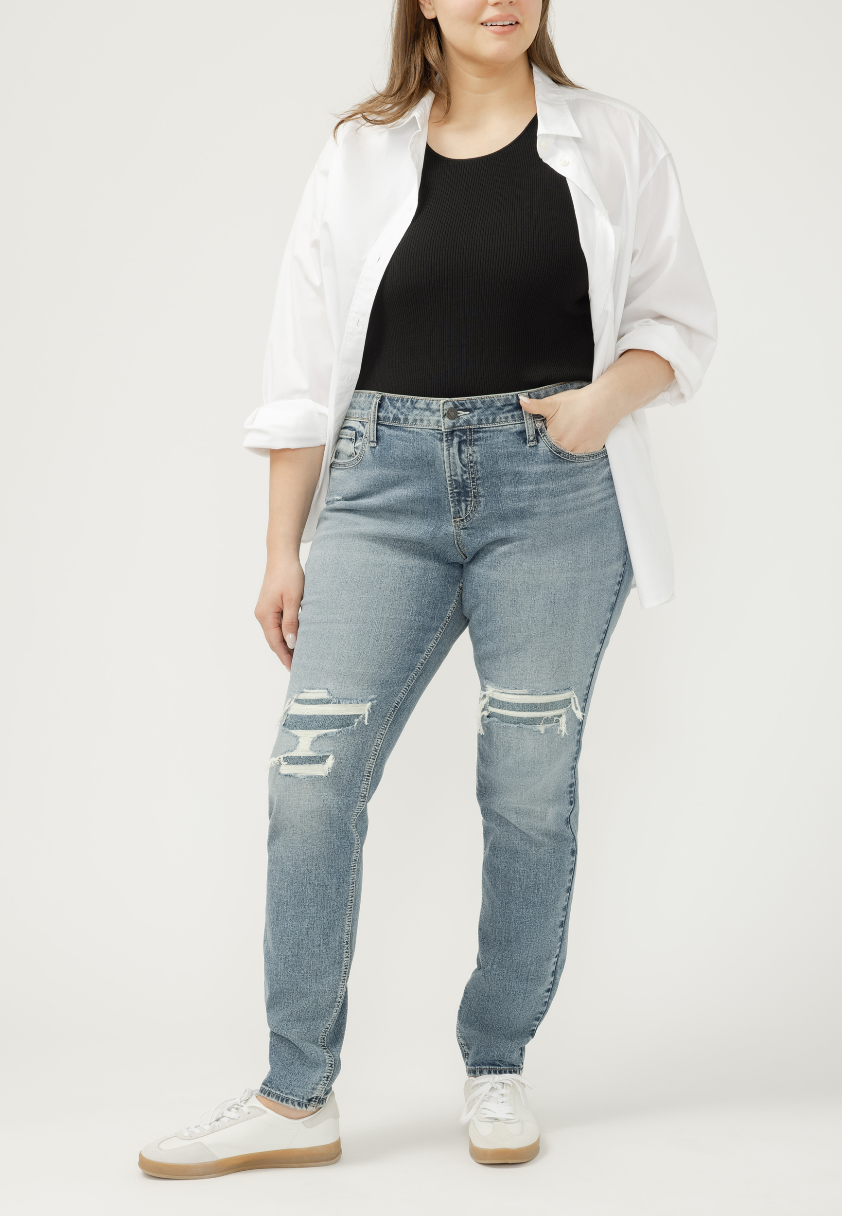 Plus Size Silver Jeans Co.® Elyse Backed Ripped Mid Rise Skinny Jean