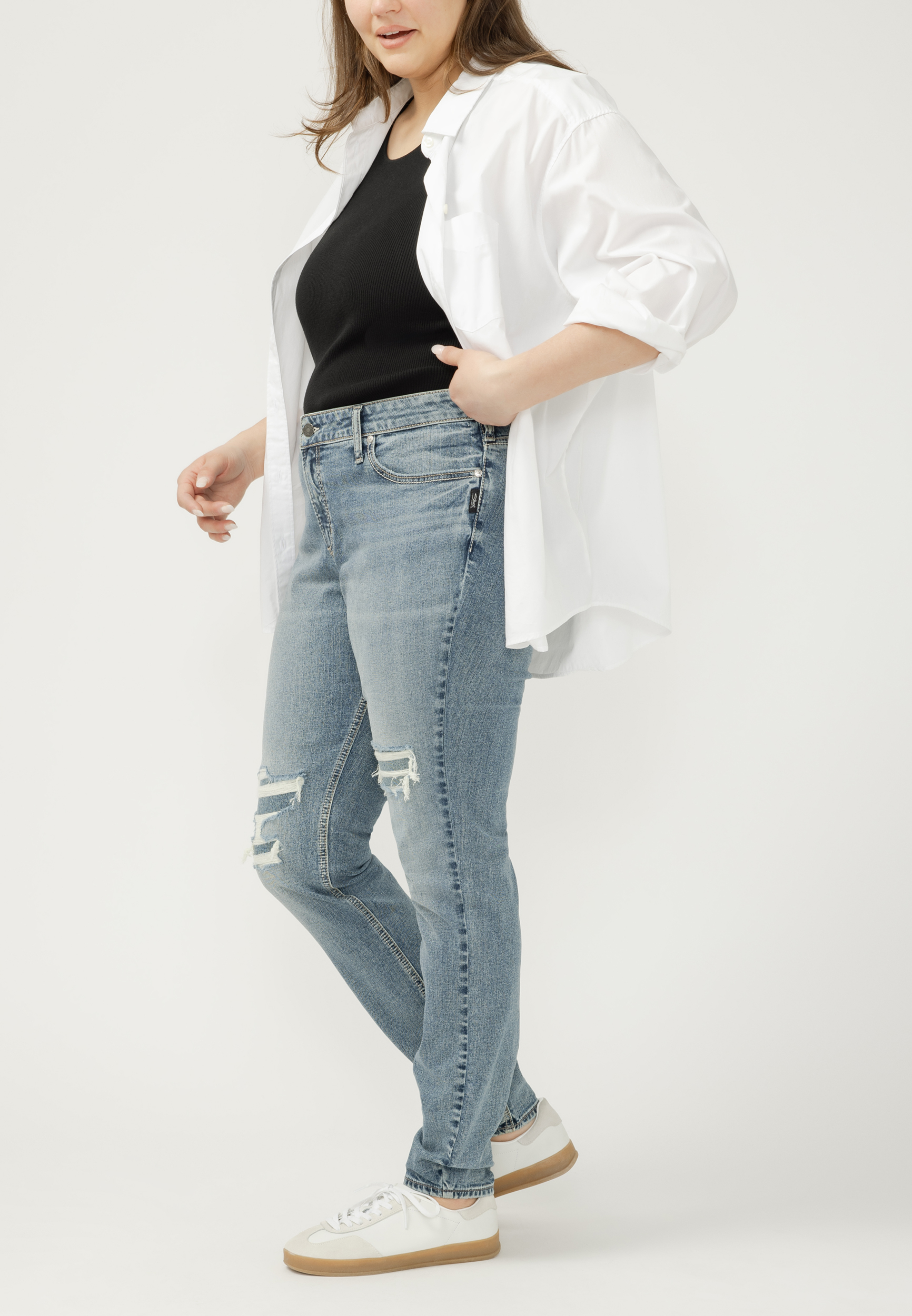 Plus Size Silver Jeans Co.&reg; Elyse Backed Ripped Mid Rise Skinny Jean, C3337, large