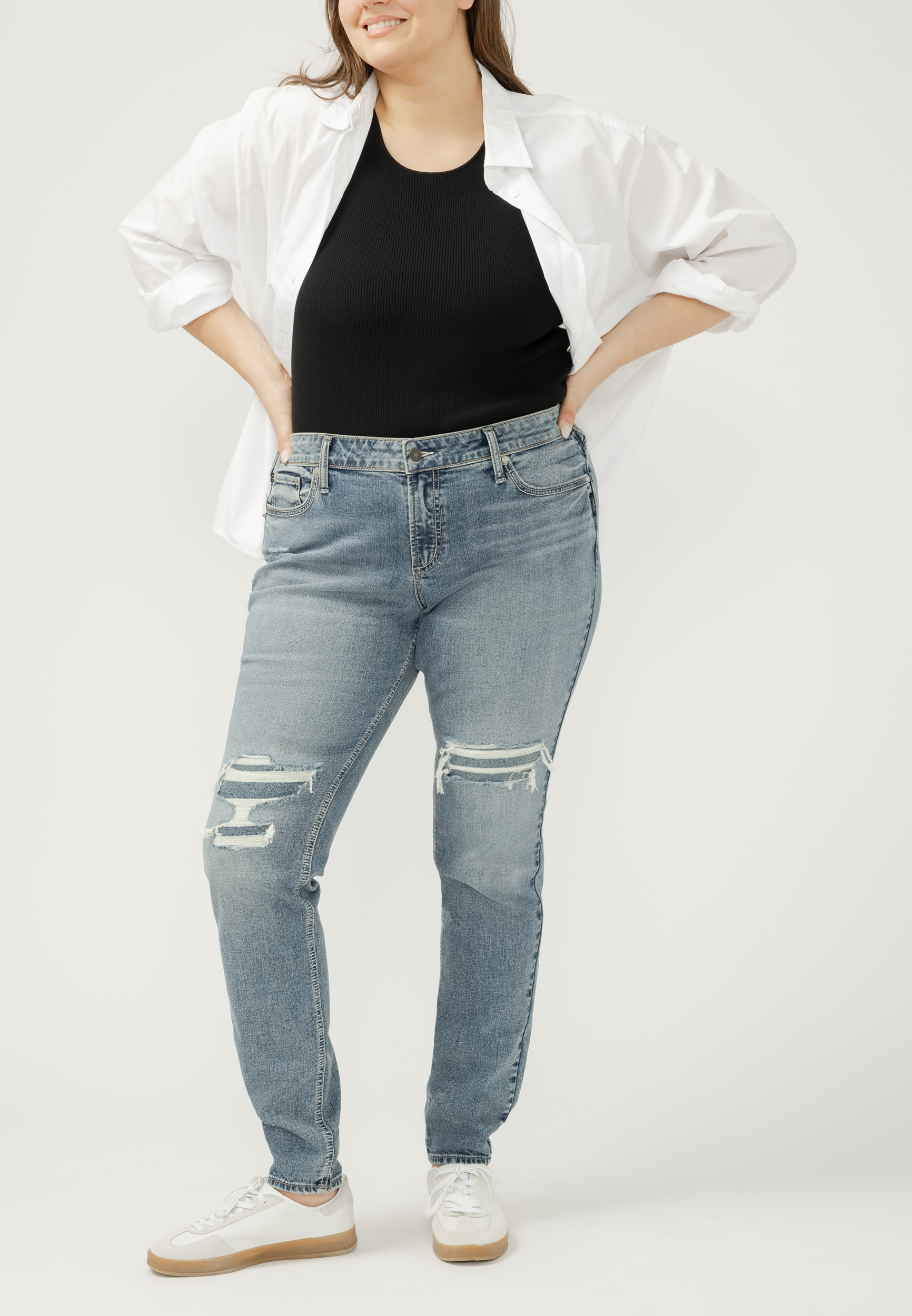 Plus Size Silver Jeans Co.&reg; Elyse Backed Ripped Mid Rise Skinny Jean, C3337, large