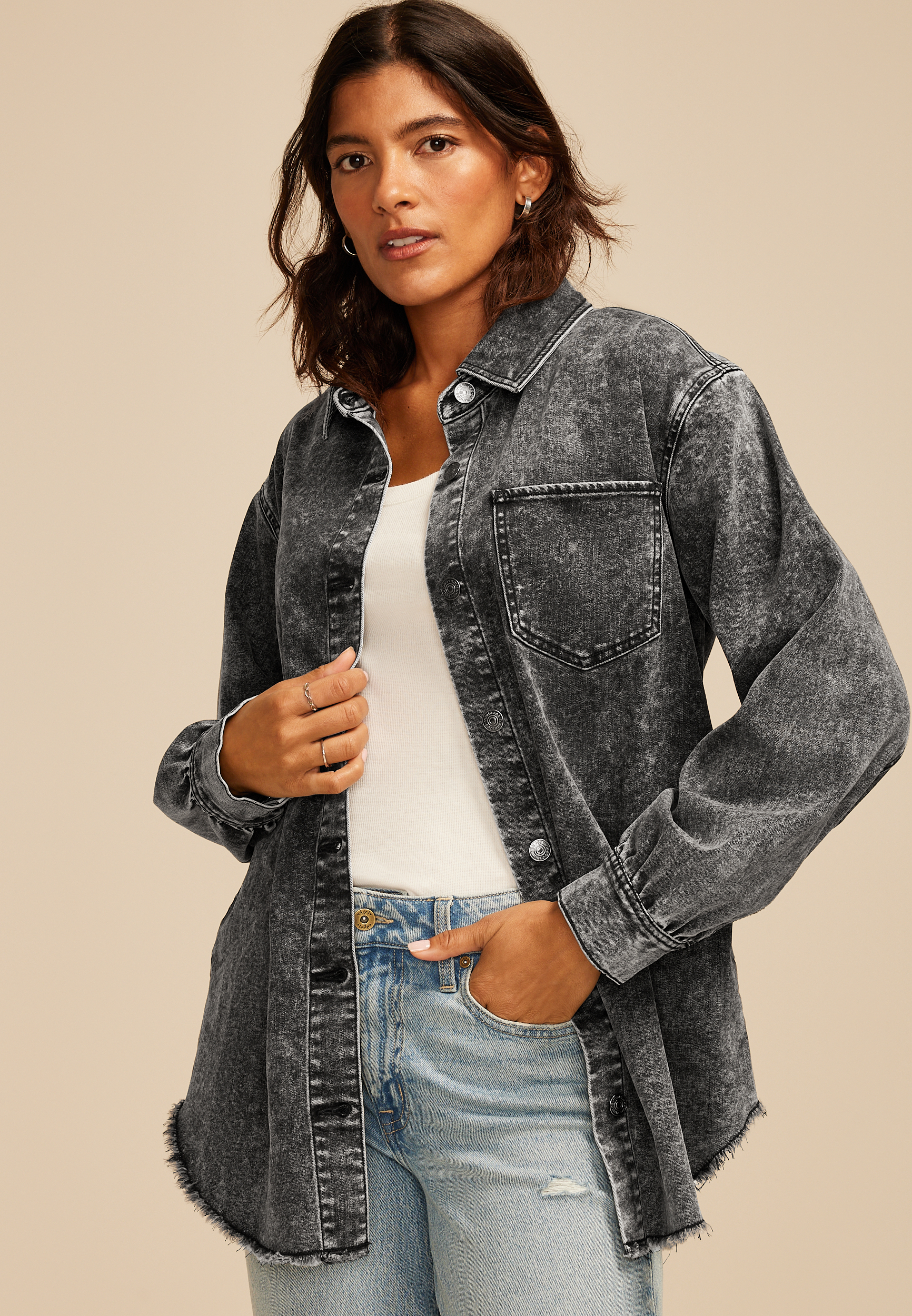 Washed Black Fray Hem Shacket