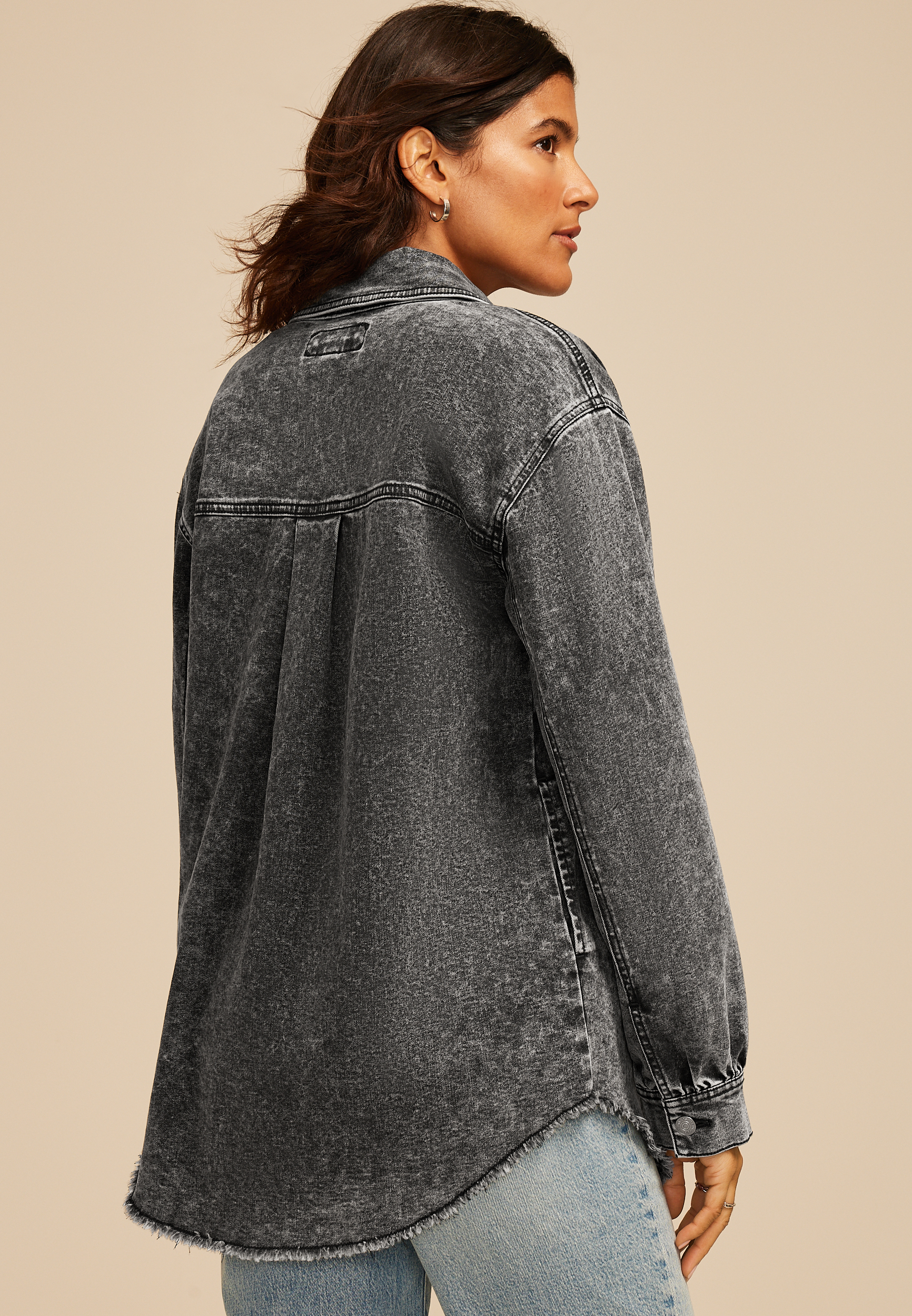 Washed Black Fray Hem Shacket, C106, large