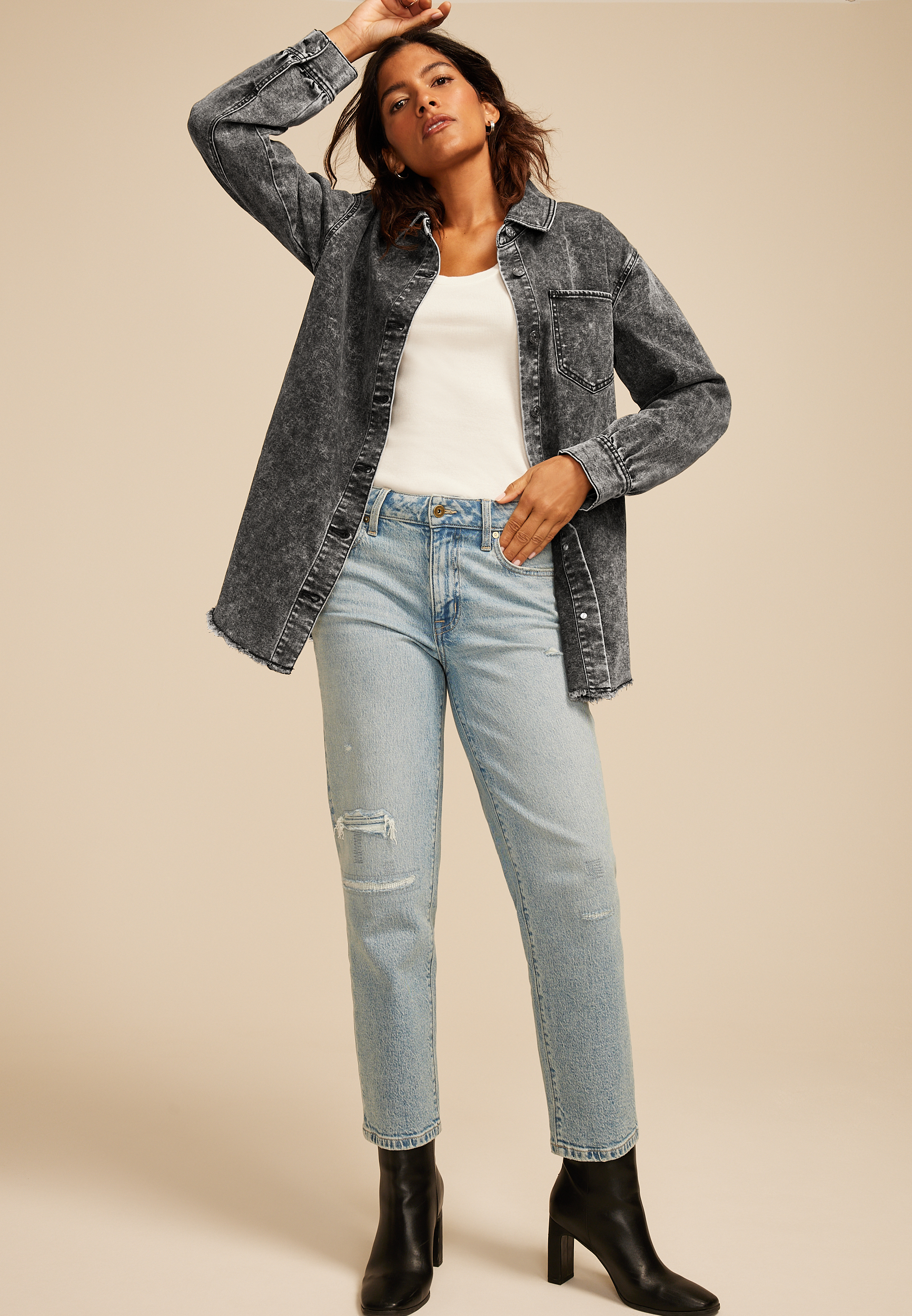 Washed Black Fray Hem Shacket maurices