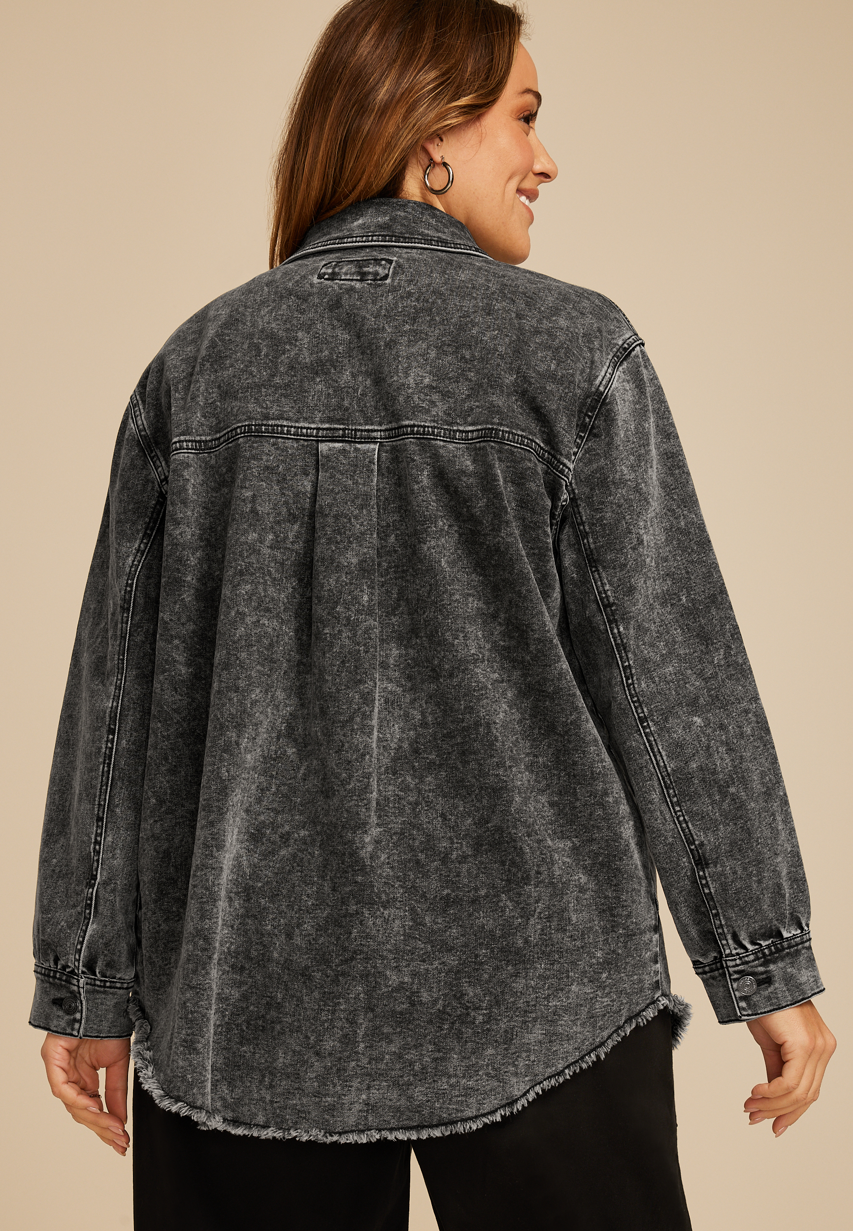 Plus Size Washed Black Fray Hem Shacket, BLACK, large