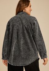 Plus Size Washed Black Fray Hem Shacket, BLACK, small