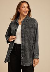 Plus Size Washed Black Fray Hem Shacket, BLACK, small