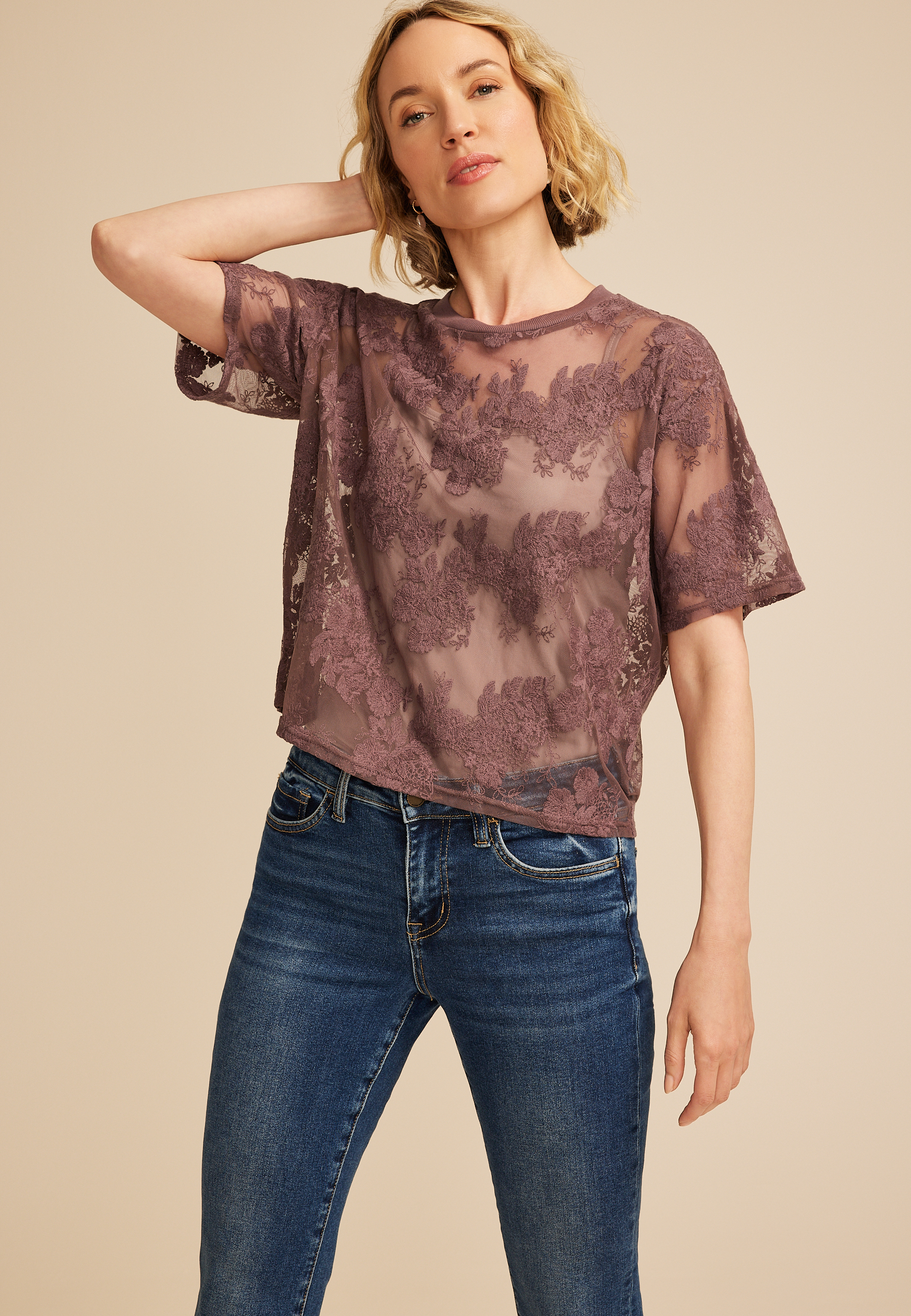 Floral Embroidered Mesh Short Sleeve Top