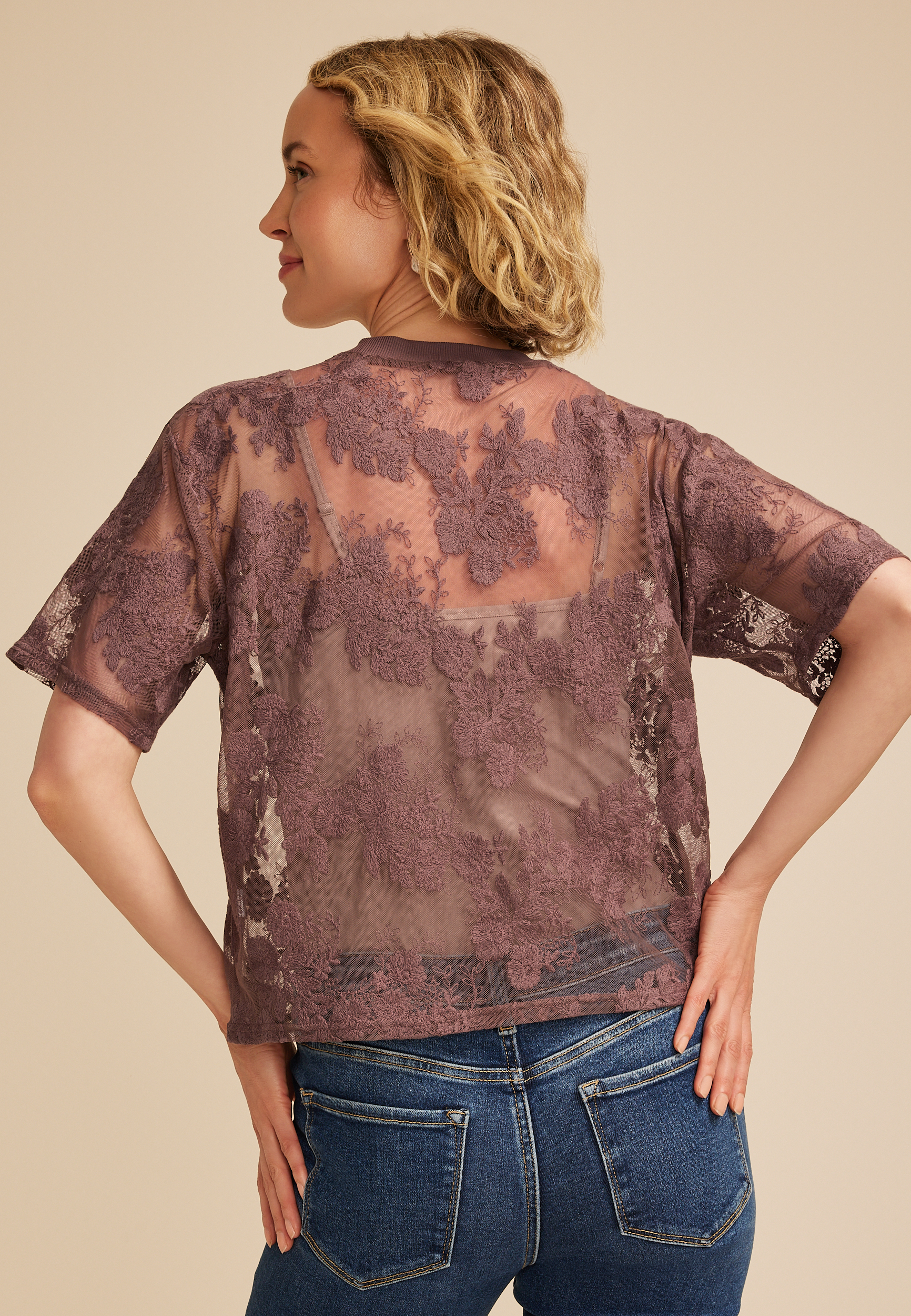 Floral Embroidered Mesh Short Sleeve Top, C115, large