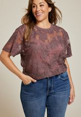 Plus Size Floral Embroidered Mesh Short Sleeve Top, C115, small