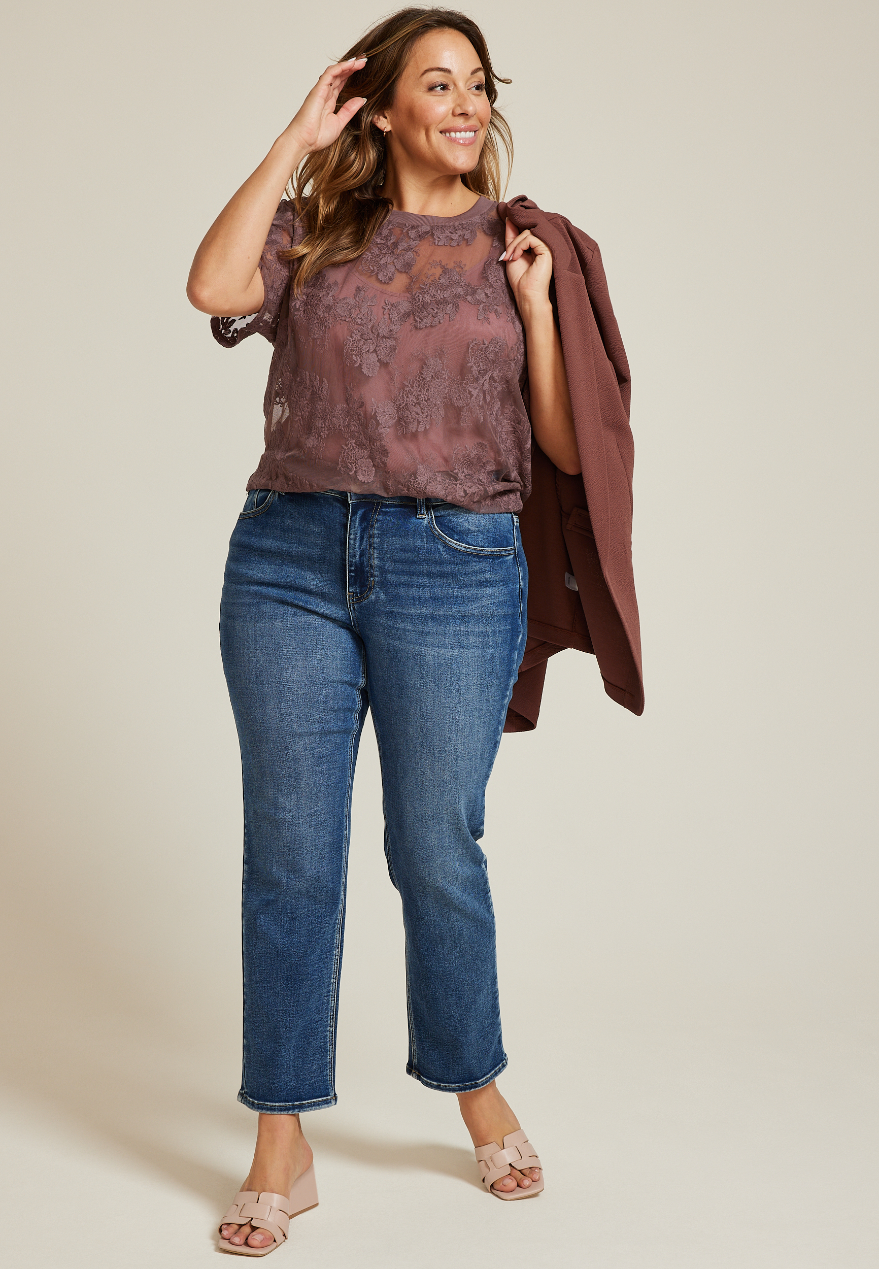 Plus Size Floral Embroidered Mesh Short Sleeve Top, C115, large
