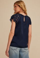 Mixed Fabric Lace Short Sleeve Blouse, BLUE JASMINE, small
