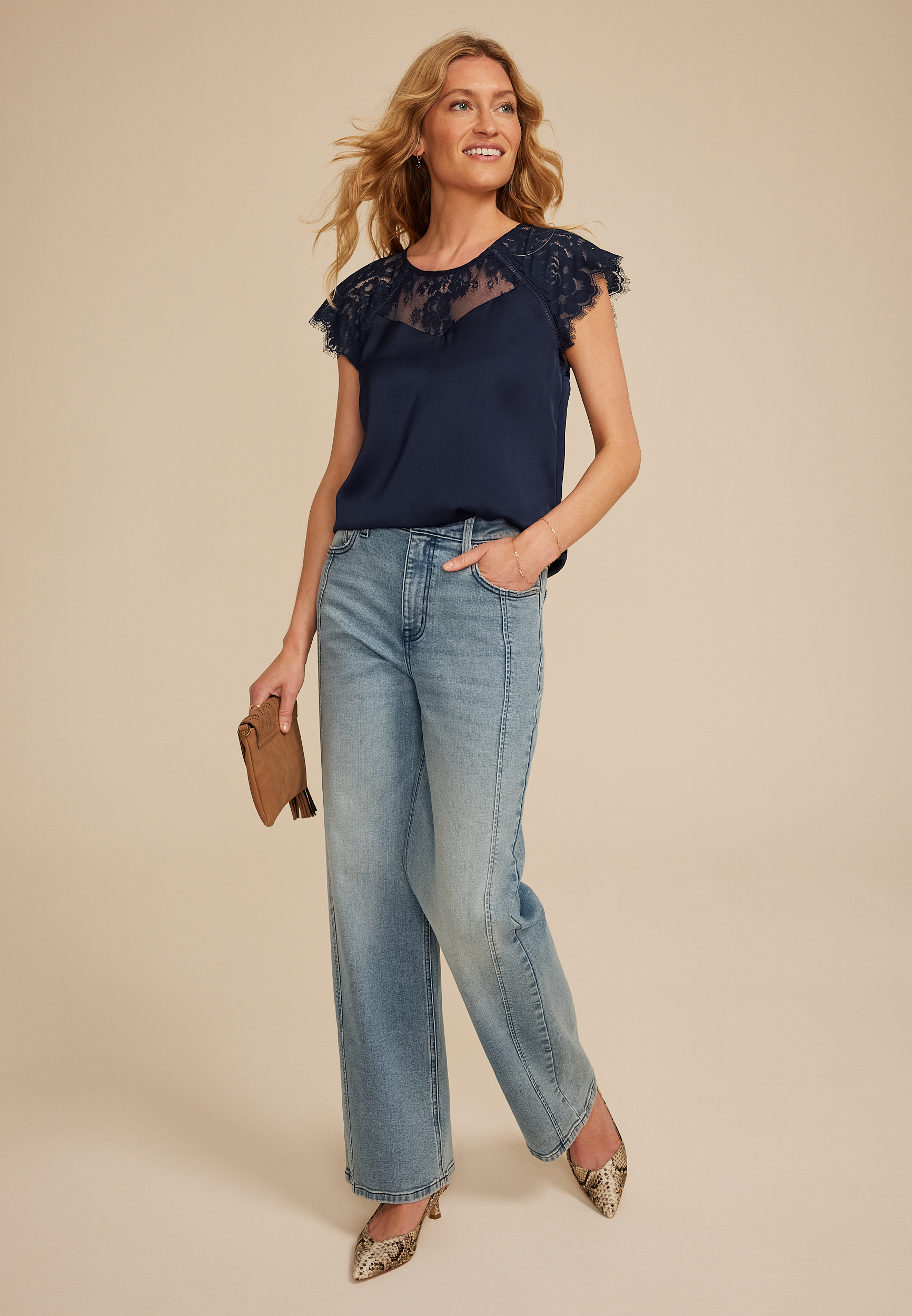 Mixed Fabric Lace Short Sleeve Blouse, BLUE JASMINE, large