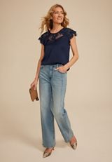 Mixed Fabric Lace Short Sleeve Blouse, BLUE JASMINE, small