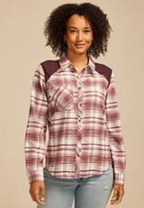 Plaid Lace Shoulder Button Down Shirt, C8753, small