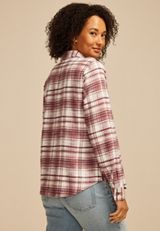 Plaid Lace Shoulder Button Down Shirt, C8753, small