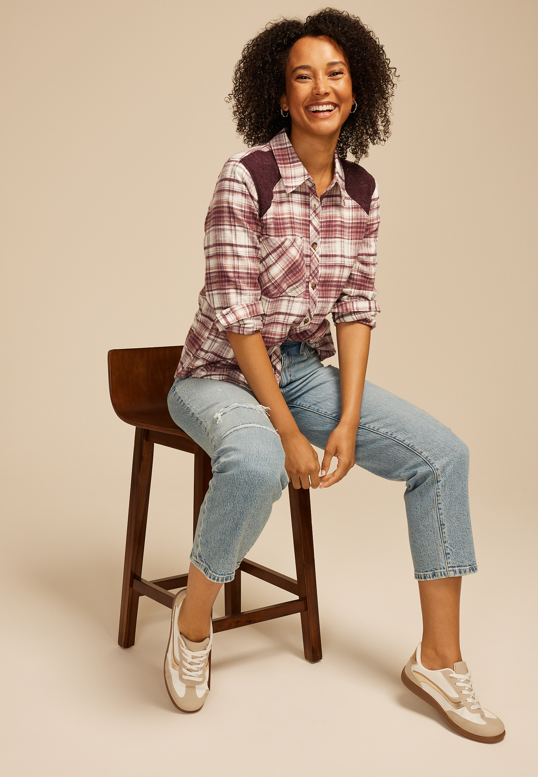 Plaid Lace Shoulder Button Down Shirt, C8753, large
