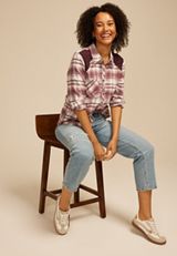 Plaid Lace Shoulder Button Down Shirt, C8753, small