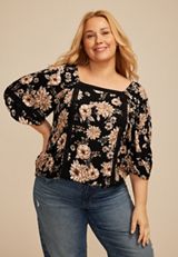 Plus Size Floral Crochet Trim Blouse, BLACK COMBO, small
