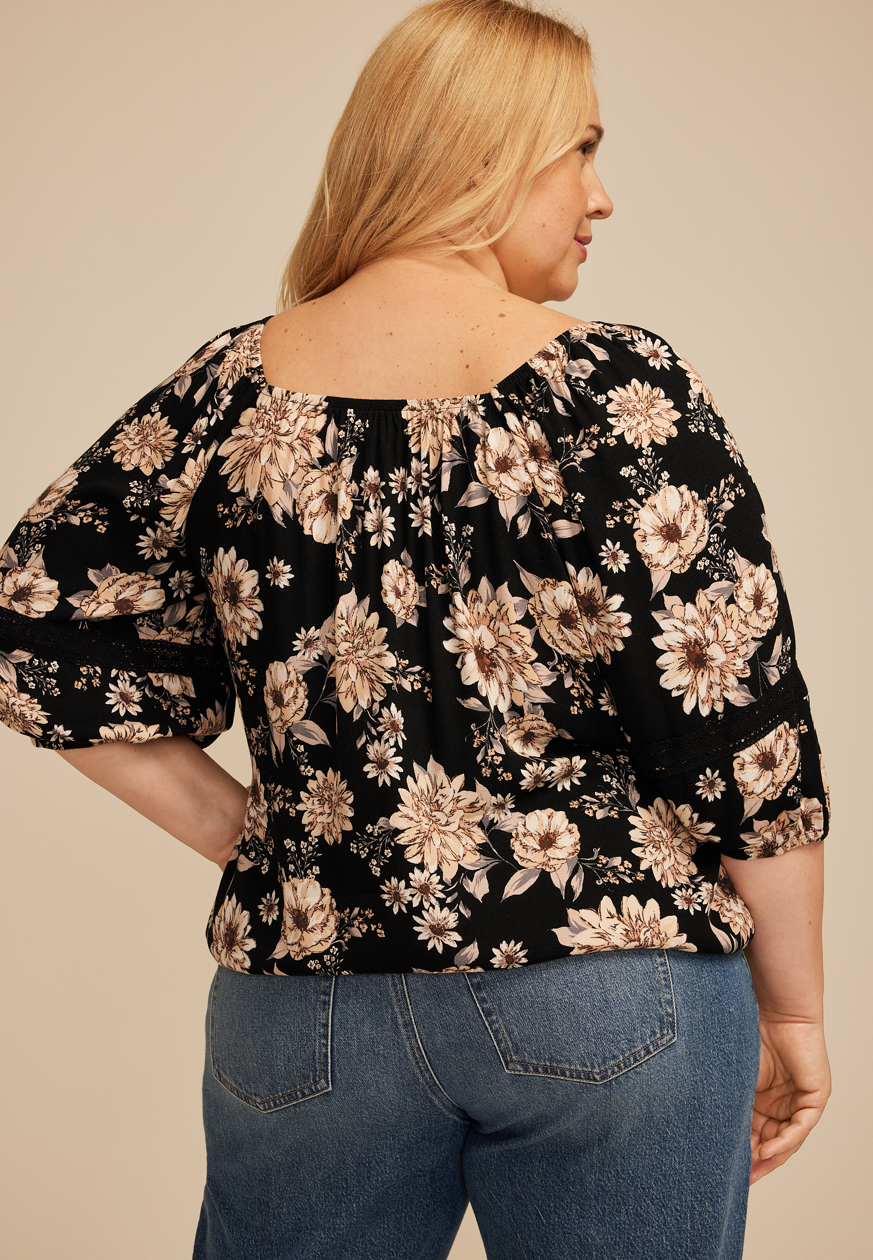 Plus Size Floral Crochet Trim Blouse, BLACK COMBO, large