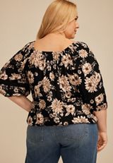 Plus Size Floral Crochet Trim Blouse, BLACK COMBO, small