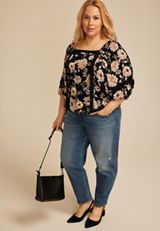 Plus Size Floral Crochet Trim Blouse, BLACK COMBO, small