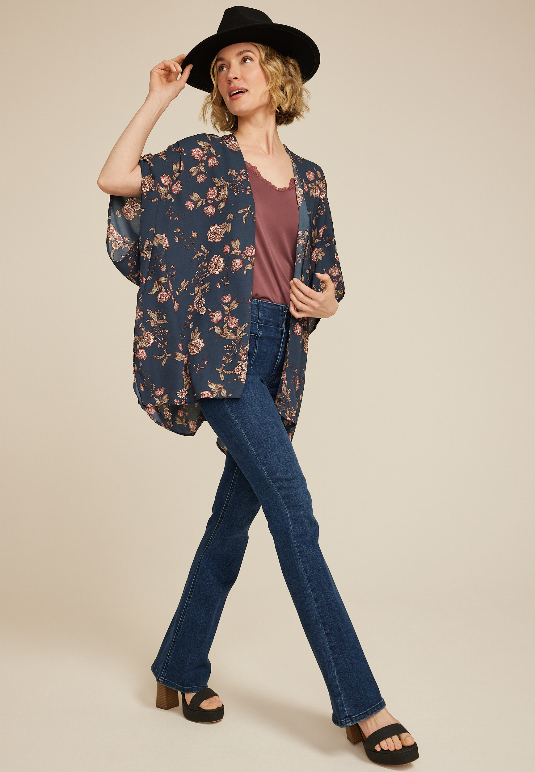 Georgette Floral Kimono, OUTER SPACE COMBO, large