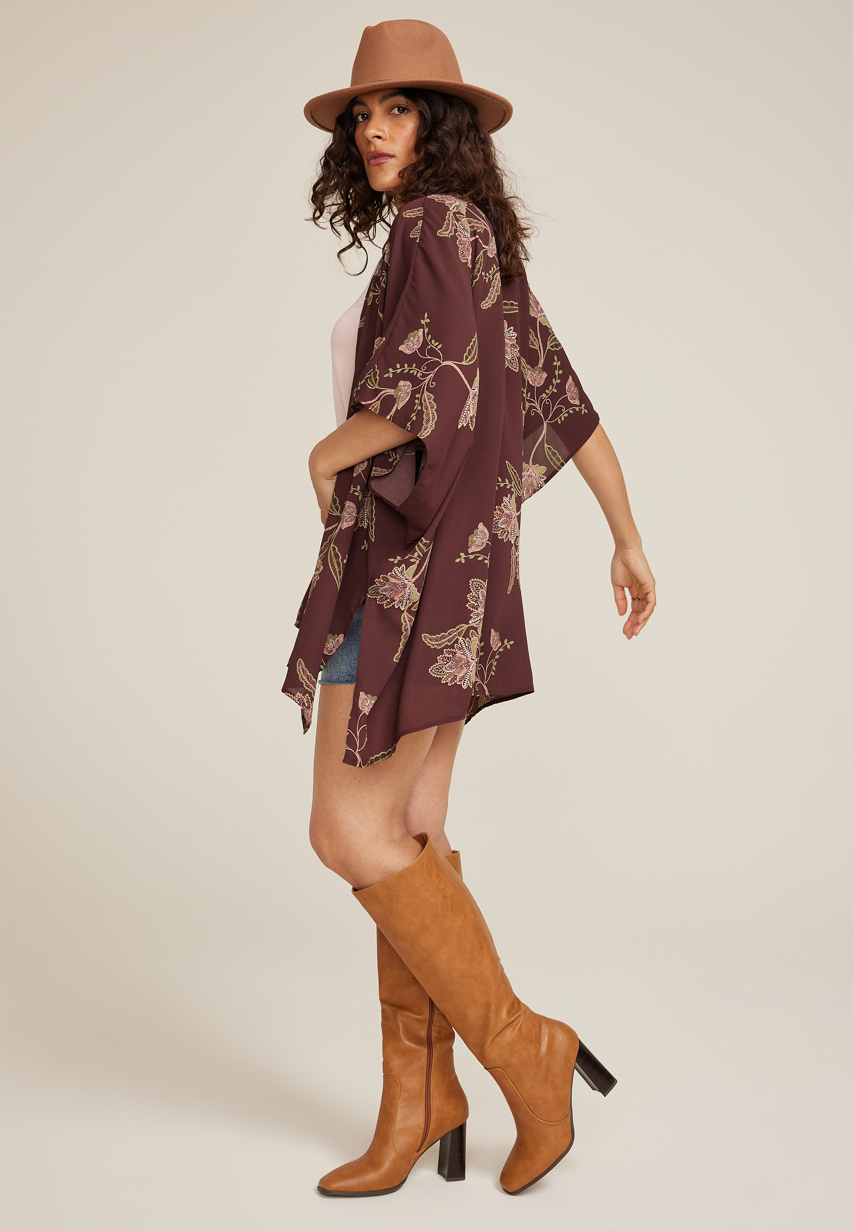 Floral Kimono, BROWN RUM, large