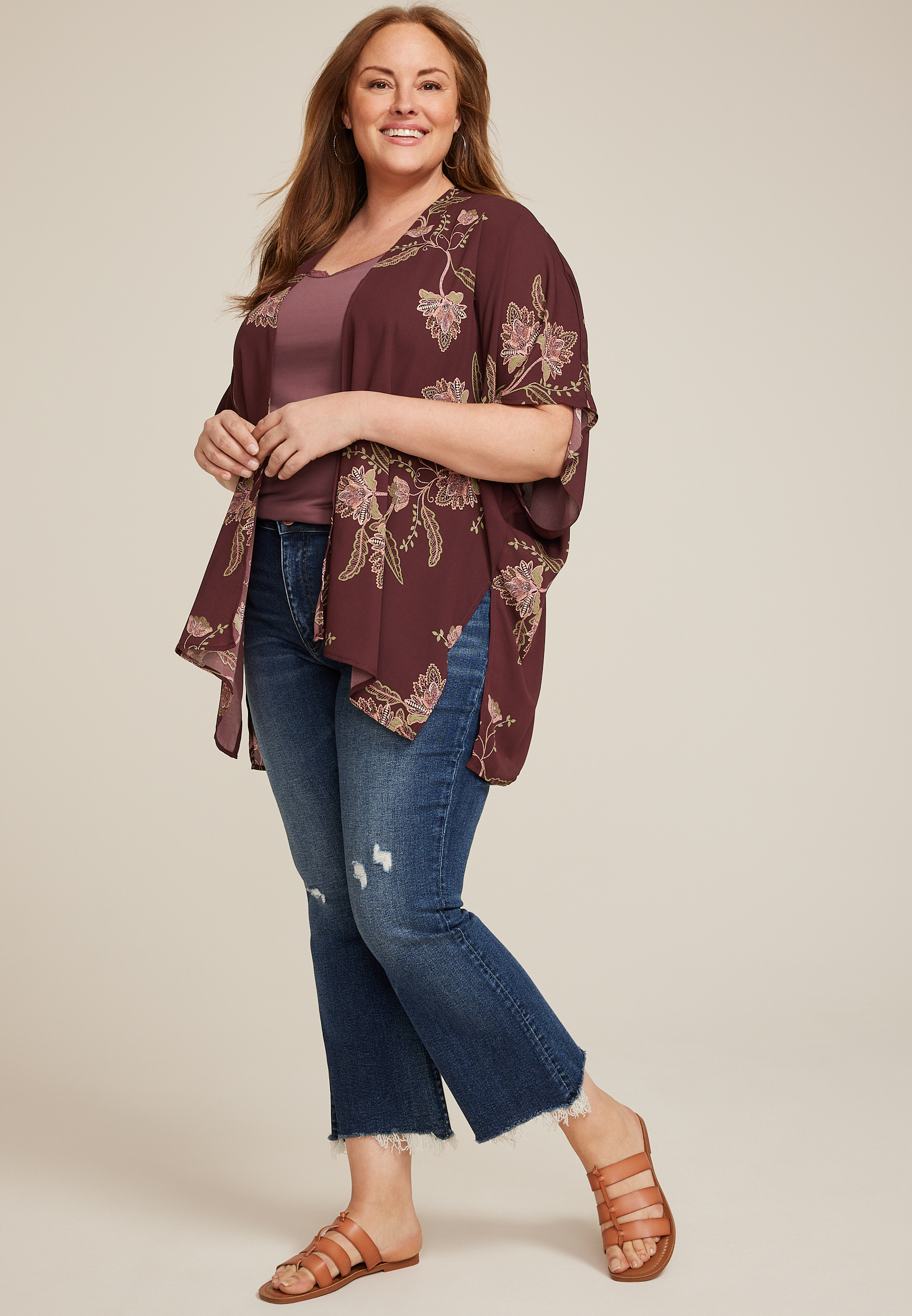 Floral Kimono, BROWN RUM, large