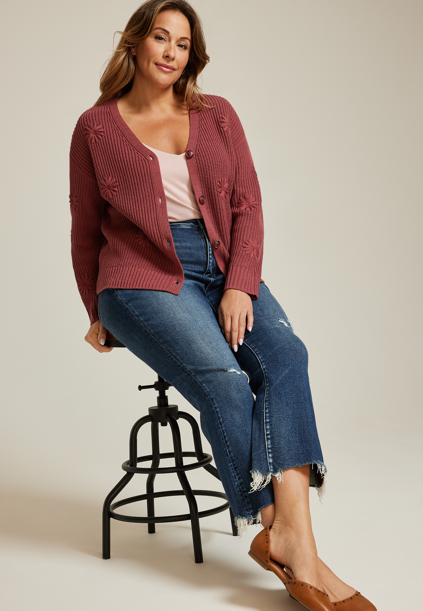 Plus Size Flower Embroidered Button Front Cardigan