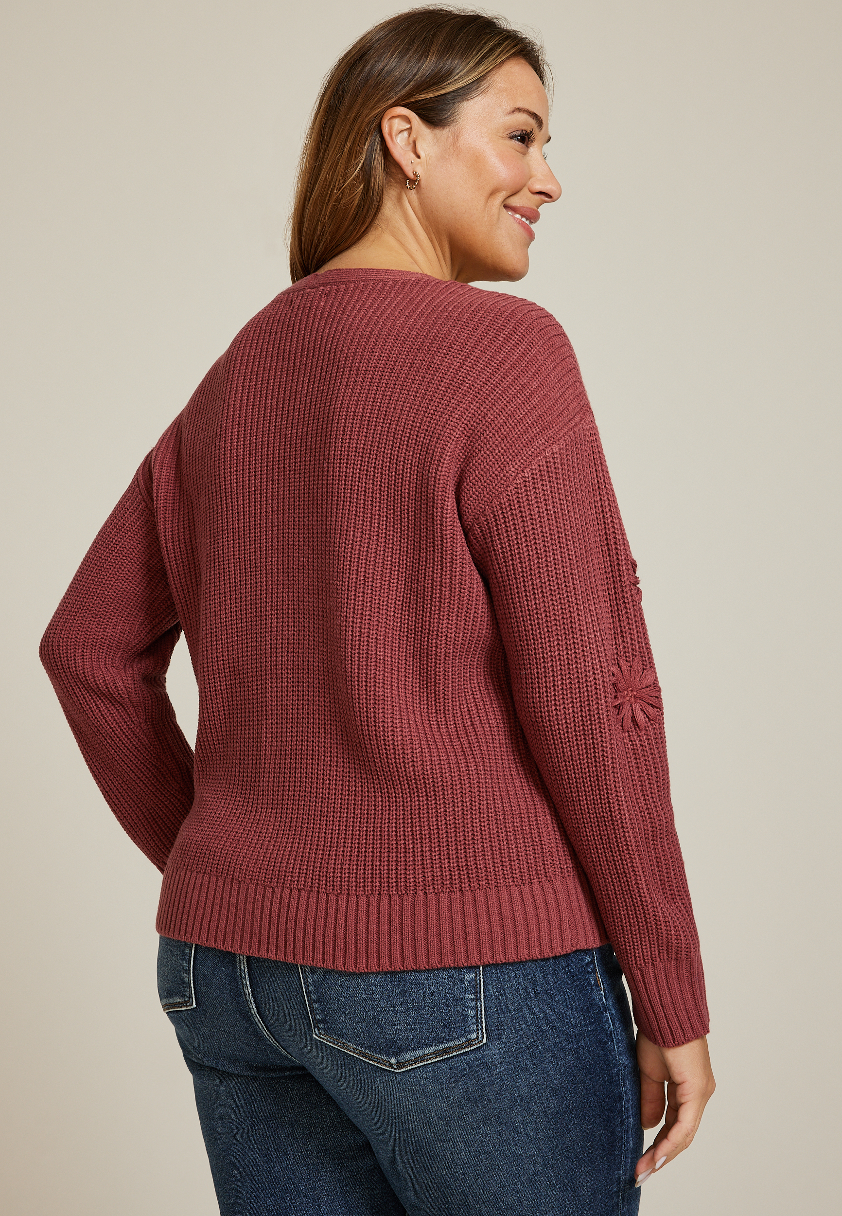 Plus Size Flower Embroidered Button Front Cardigan, C9585, large