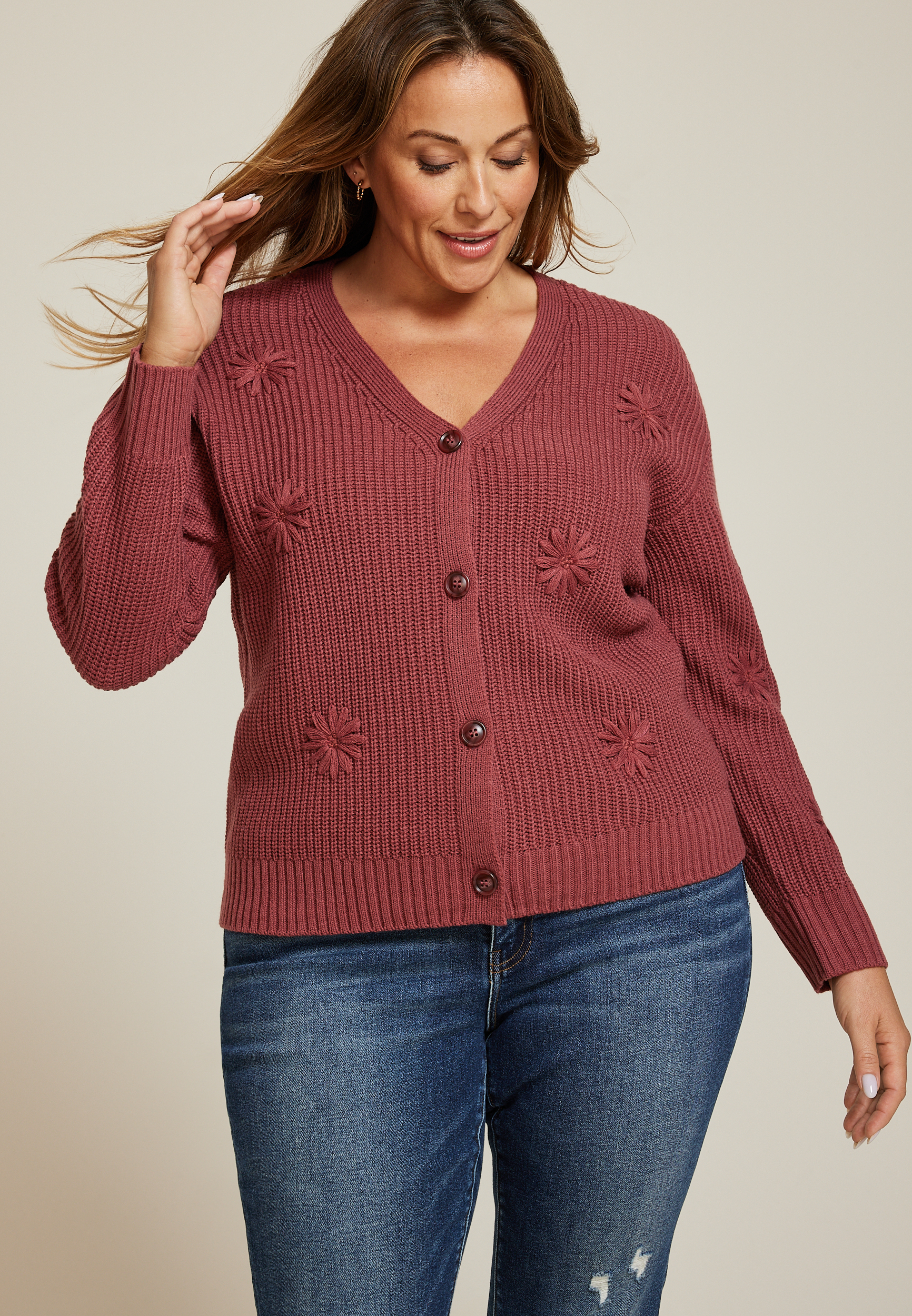 Plus Size Flower Embroidered Button Front Cardigan, C9585, large