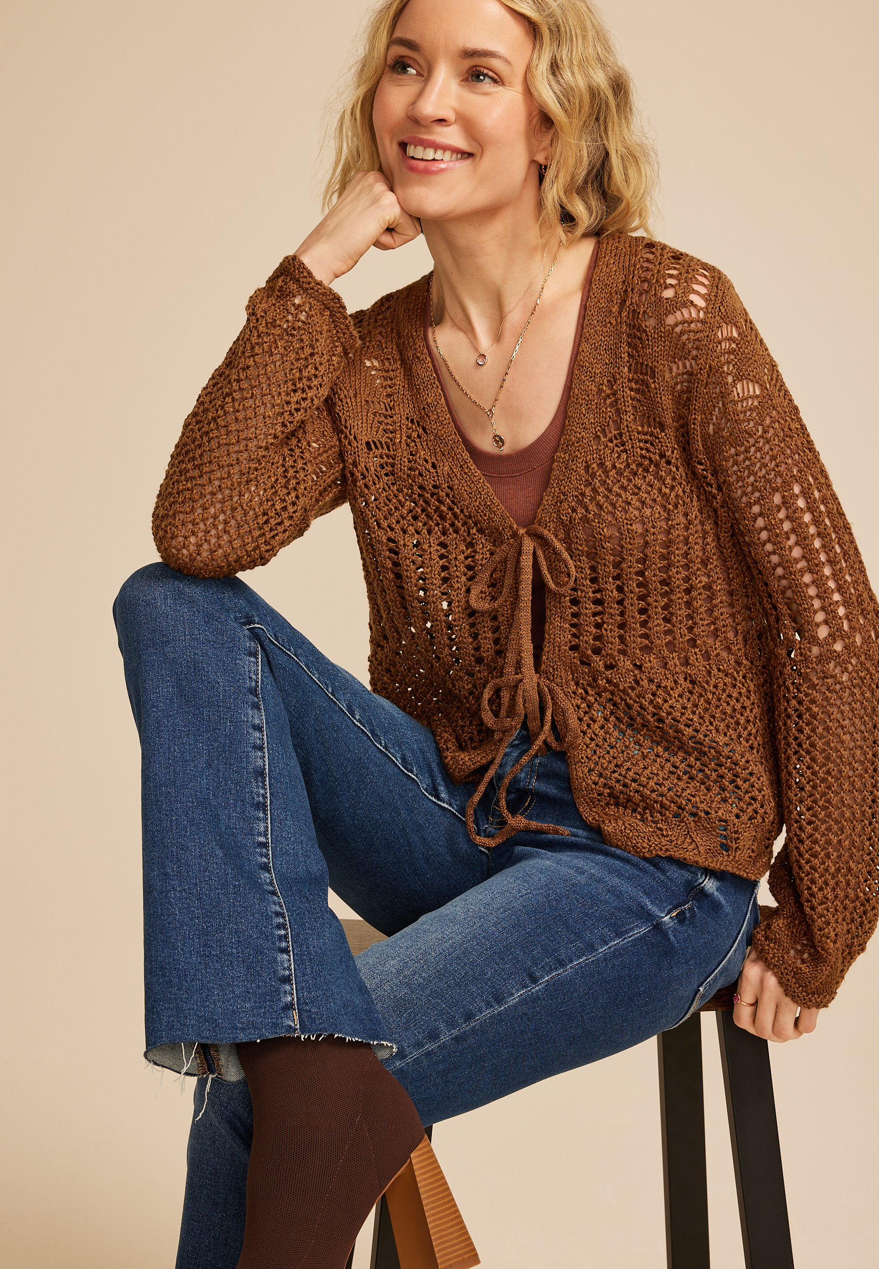 Open Stitch Front Tie Cardigan