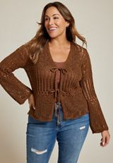 Plus Size Open Stitch Front Tie Cardigan, C8225, small