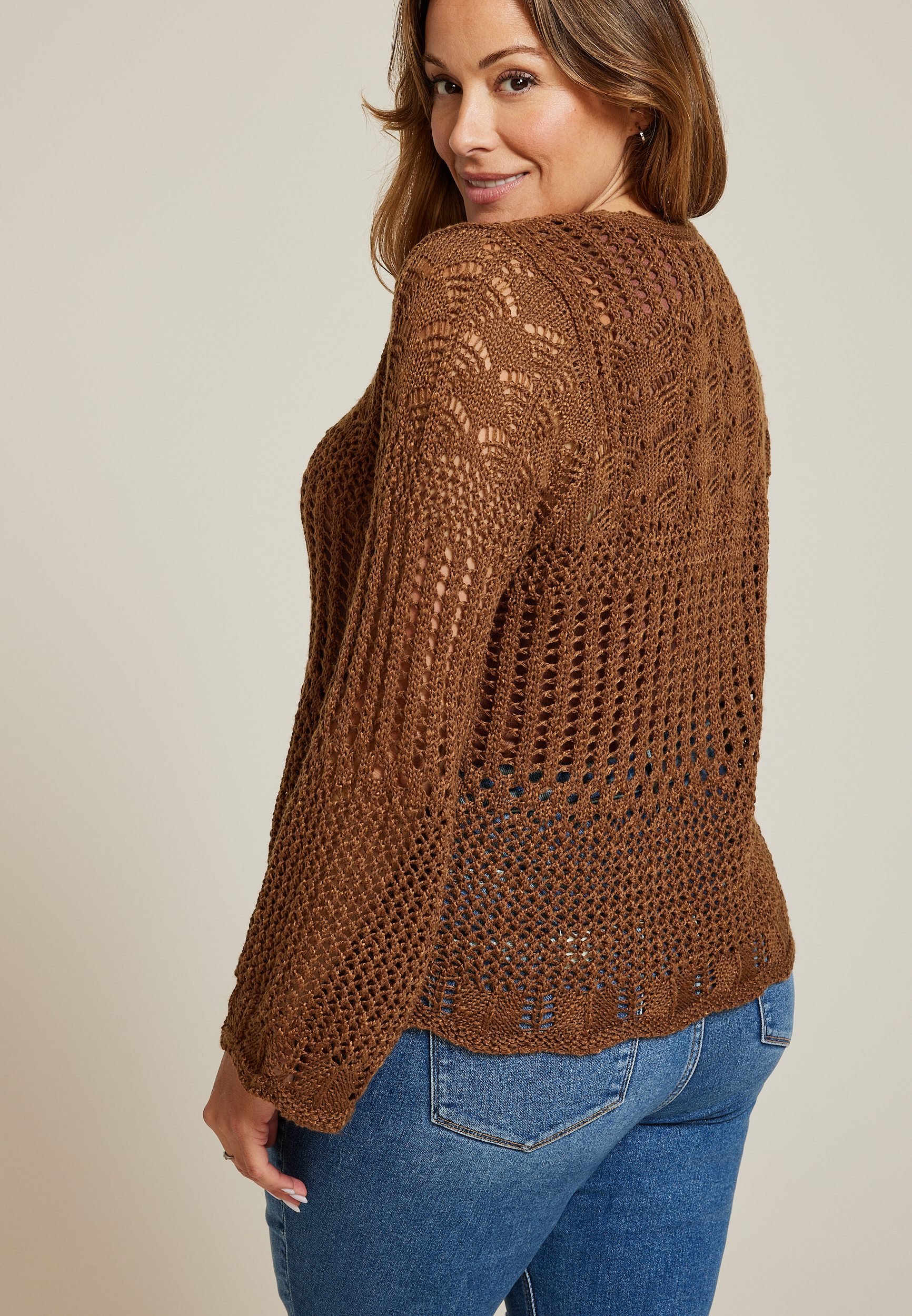 Plus Size Open Stitch Front Tie Cardigan, C8225, large