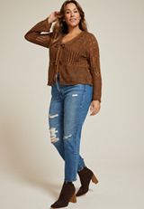 Plus Size Open Stitch Front Tie Cardigan, C8225, small