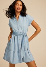 Denim Tie Waist Short Sleeve Shirt Dress, C5734, small