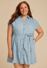 Plus Size Denim Tie Waist Short Sleeve Shirt Dress, LIGHT WASH, small