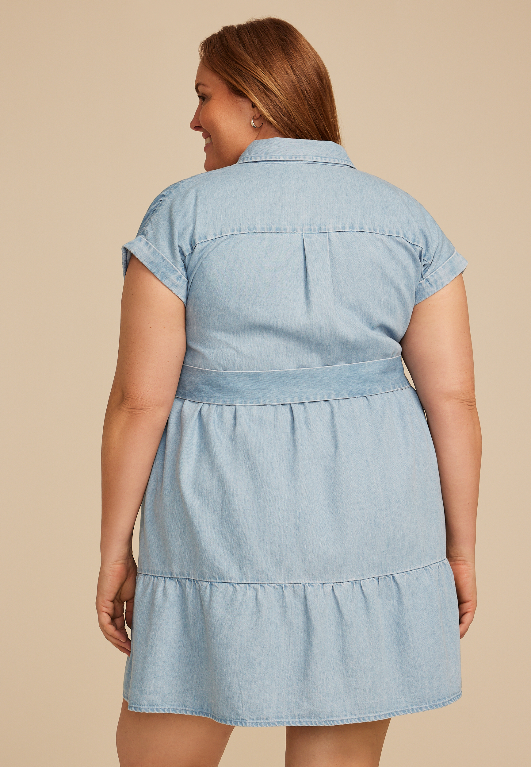 Maurices Plus Size Women's Blue Denim Tie Waist Short Sleeve Shirt Dress Size 0x Plus Size Denim Tie Waist Short Sleeve Shirt Dress | maurices