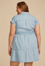 Plus Size Denim Tie Waist Short Sleeve Shirt Dress, LIGHT WASH, small