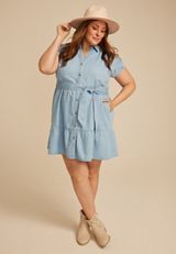 Plus Size Denim Tie Waist Short Sleeve Shirt Dress, LIGHT WASH, small