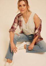 Heathered Crochet Yoke Henley Tank Top, C2445, small