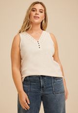 Plus Size Heathered Crochet Yoke Henley Tank Top, C2445, small