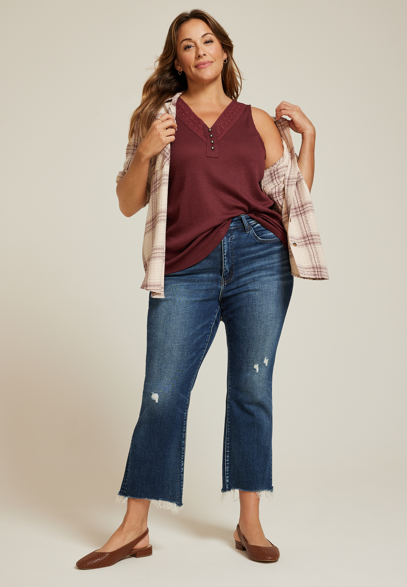 Plus Size Crochet Yoke Henley Tank Top