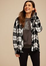 Plaid Hooded Boyfriend Button Down Shirt, C1756, small