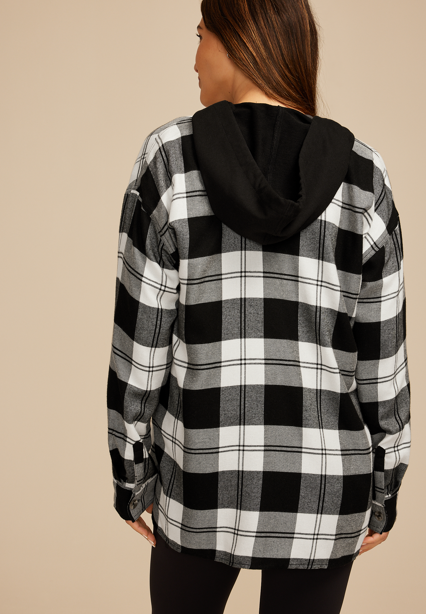 Plaid Hooded Boyfriend Button Down Shirt, C1756, large