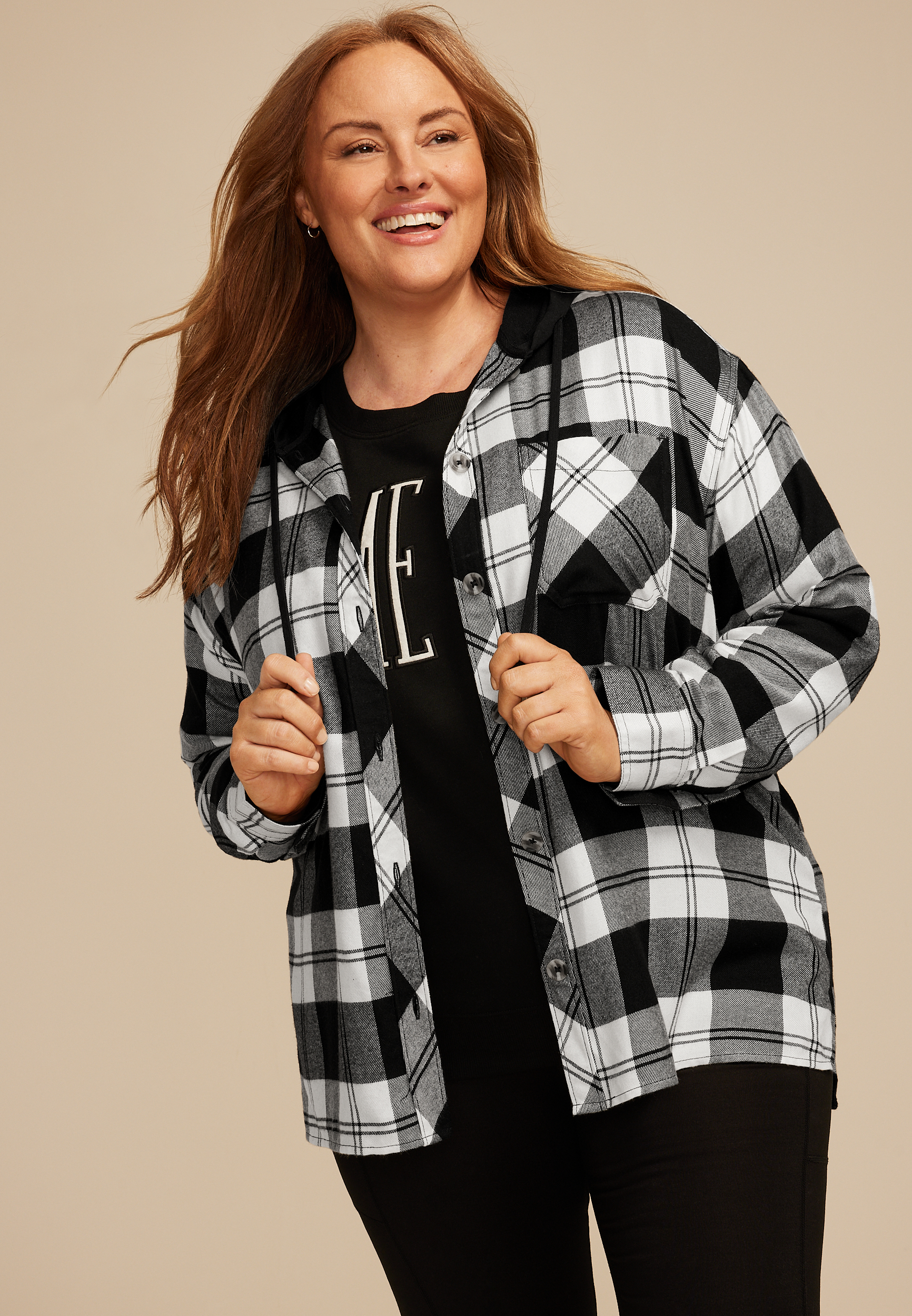 Plus Size Plaid Hooded Boyfriend Button Down Shirt